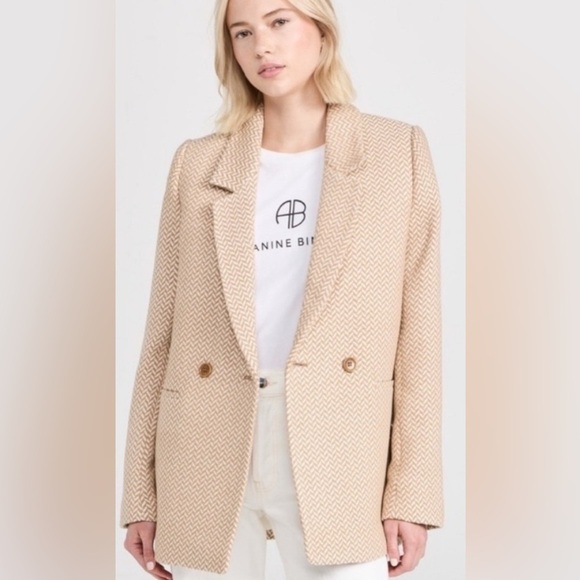 Anine Bing | Fishbone Double Breasted Tan & Cream Blazer Jacket Wool Blend XL - Picture 3 of 11